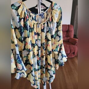 Chaps Women's Floral Blouse - Dark Blue, Yellow, White